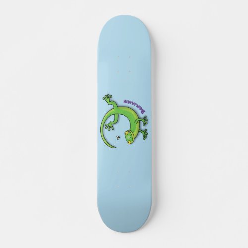 Cute happy green gecko greetings with bug cartoon skateboard