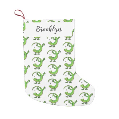 Cute happy green gecko greetings with bug cartoon small christmas stocking