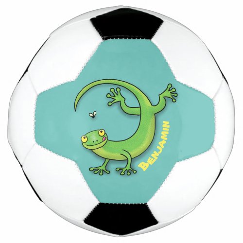 Cute happy green gecko greetings with bug cartoon soccer ball