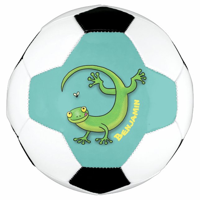 Cute happy green gecko greetings with bug cartoon soccer ball (Front)