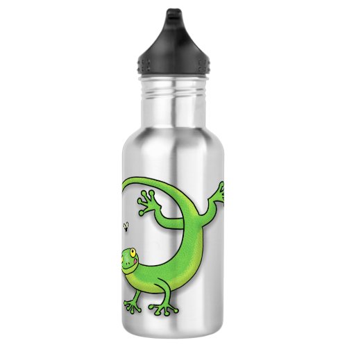 Cute happy green gecko greetings with bug cartoon stainless steel water bottle