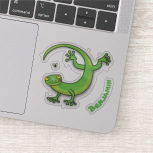 Cute happy green gecko greetings with bug cartoon sticker