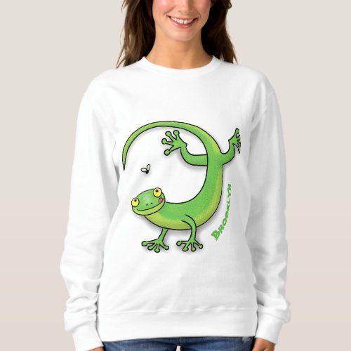 Cute happy green gecko greetings with bug cartoon sweatshirt