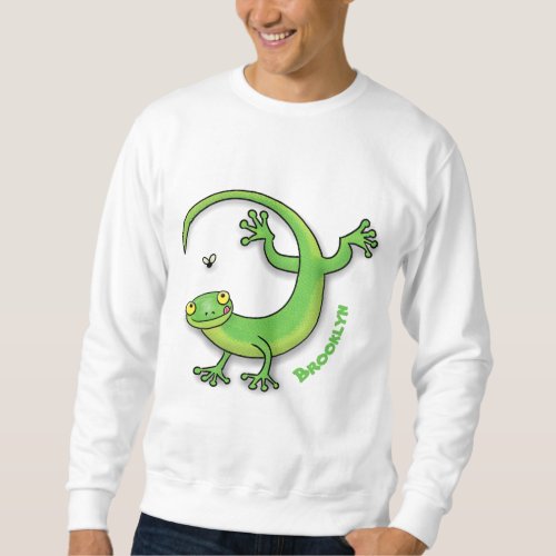 Cute happy green gecko greetings with bug cartoon sweatshirt