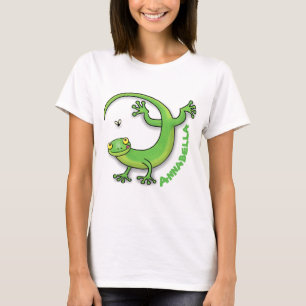 Cute happy green gecko greetings with bug cartoon T-Shirt