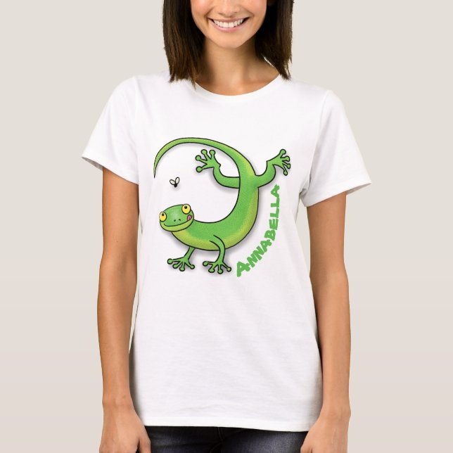 Cute happy green gecko greetings with bug cartoon T-Shirt (Front)