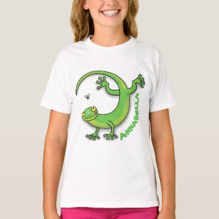 Cute happy green gecko greetings with bug cartoon T-Shirt