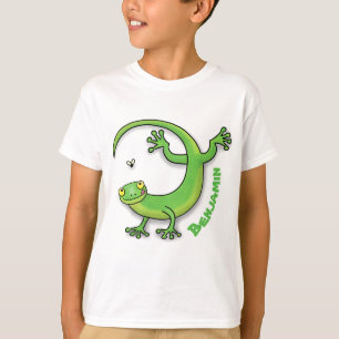 Cute happy green gecko greetings with bug cartoon T-Shirt