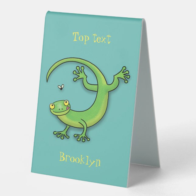 Cute happy green gecko greetings with bug cartoon table tent (Front)