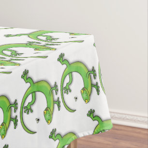 Cute happy green gecko greetings with bug cartoon tablecloth