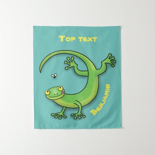 Cute happy green gecko greetings with bug cartoon tapestry
