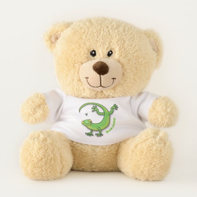 Cute happy green gecko greetings with bug cartoon teddy bear (Front)