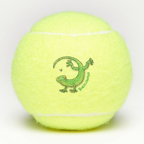 Cute happy green gecko greetings with bug cartoon tennis balls