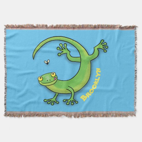 Cute happy green gecko greetings with bug cartoon throw blanket