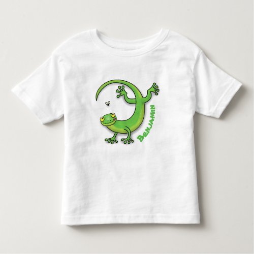 Cute happy green gecko greetings with bug cartoon toddler t_shirt