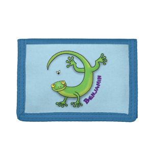 Cute happy green gecko greetings with bug cartoon trifold wallet