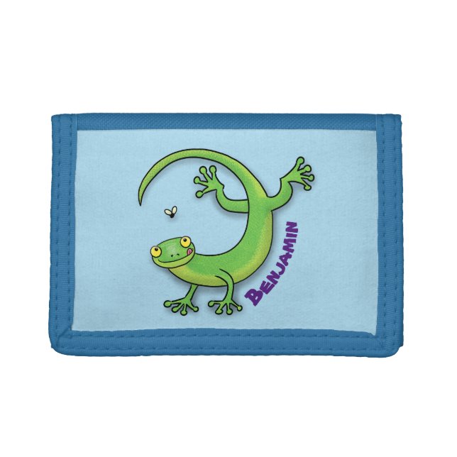 Cute happy green gecko greetings with bug cartoon trifold wallet (Front)
