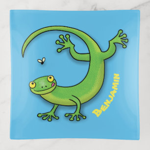 Cute happy green gecko greetings with bug cartoon trinket tray