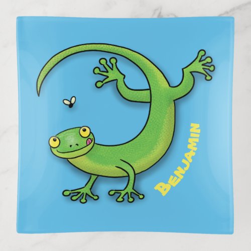 Cute happy green gecko greetings with bug cartoon trinket tray