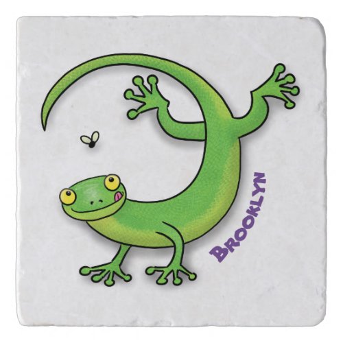 Cute happy green gecko greetings with bug cartoon trivet