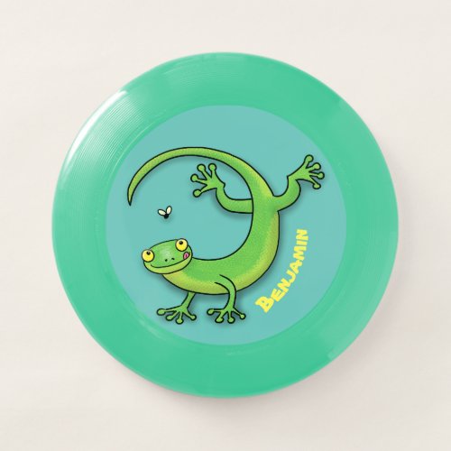 Cute happy green gecko greetings with bug cartoon Wham_O frisbee