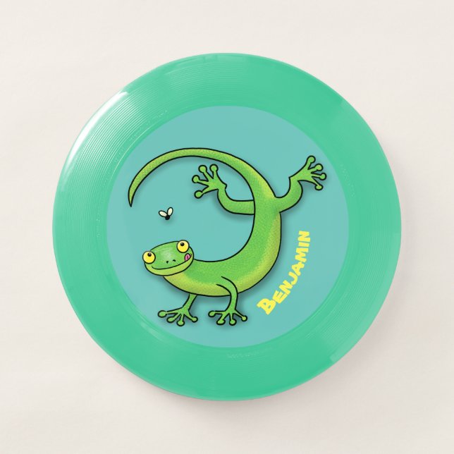 Cute happy green gecko greetings with bug cartoon Wham-O frisbee (Front)