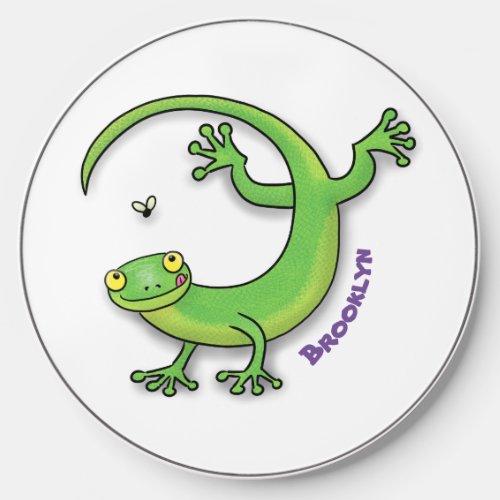 Cute happy green gecko greetings with bug cartoon wireless charger 