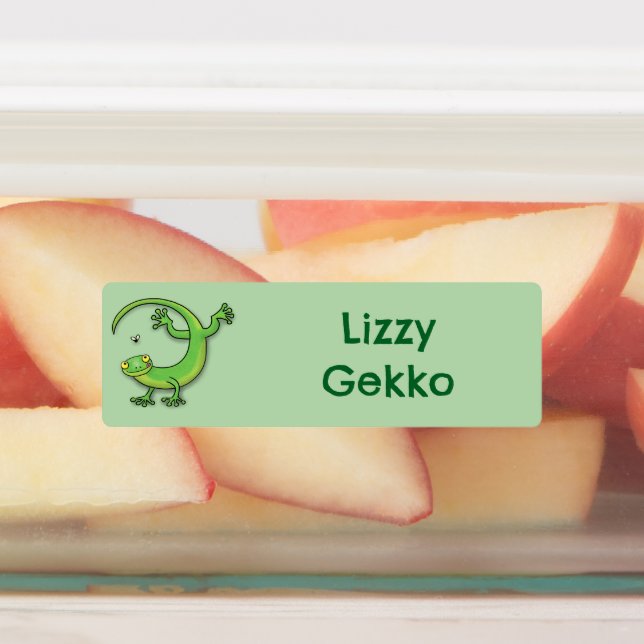 Cute happy green gecko lizard cartoon personalized labels (Affixed)