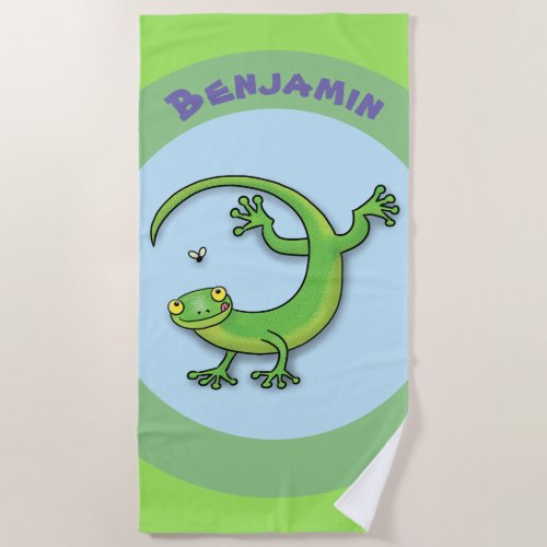 Cute happy green gecko lizard with bug cartoon beach towel