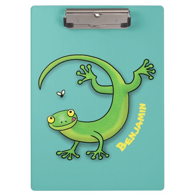 Cute happy green gecko lizard with bug cartoon clipboard (Front)