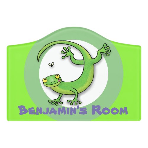 Cute happy green gecko lizard with bug cartoon door sign