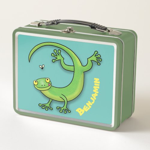 Cute happy green gecko lizard with bug cartoon metal lunch box