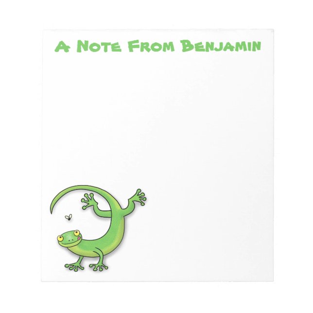 Cute happy green gecko lizard with bug cartoon notepad (Front)