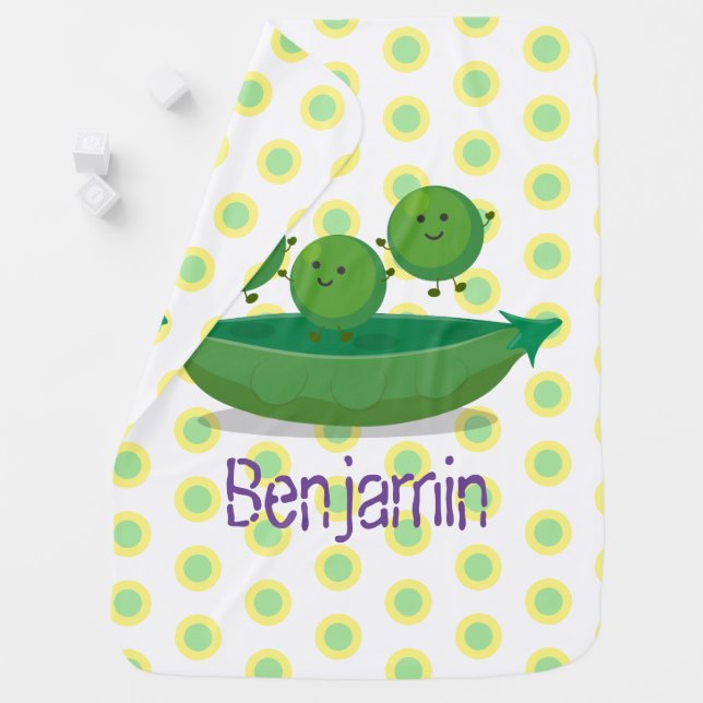 Cute happy green peas and pod cartoon illustration baby blanket (In Situ)