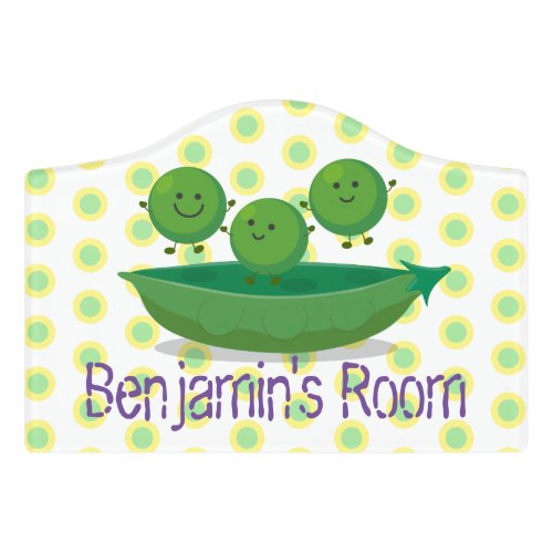 Cute happy green peas and pod cartoon illustration door sign