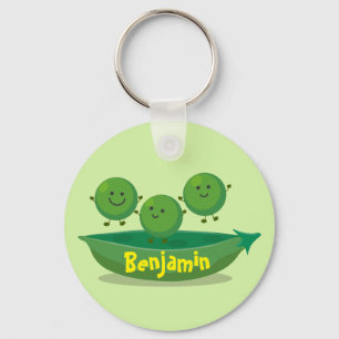 Cute happy green peas and pod cartoon illustration keychain
