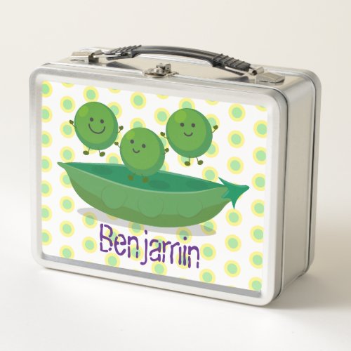 Cute happy green peas and pod cartoon illustration metal lunch box