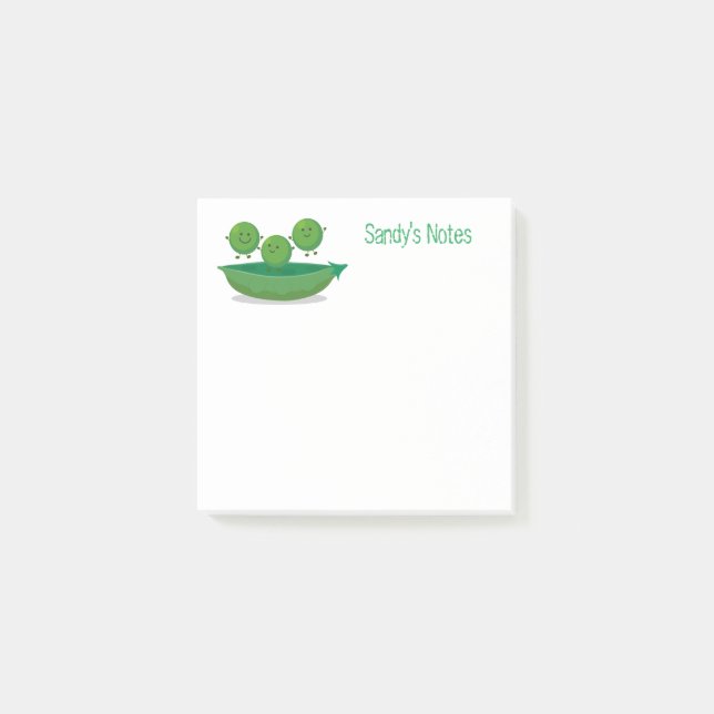 Cute happy green peas and pod cartoon illustration post-it notes (Front)