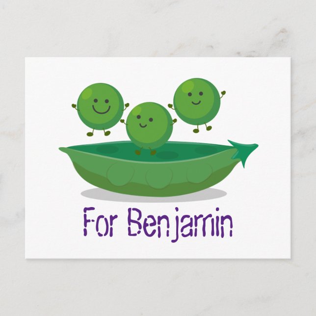 Cute happy green peas and pod cartoon illustration postcard (Front)