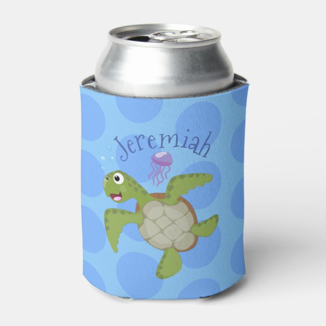 Cute happy green sea  turtle cartoon illustration can cooler (Can Front)