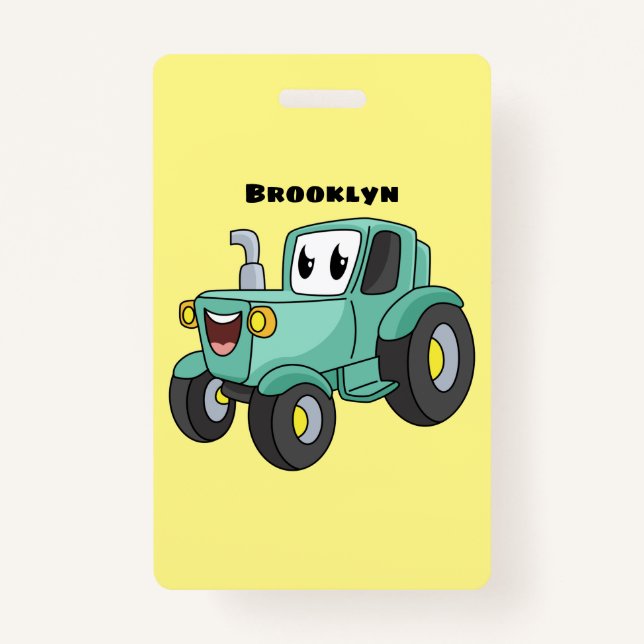 Cute happy green tractor cartoon badge (Front)