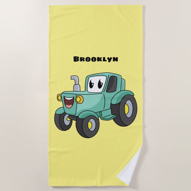 Cute happy green tractor cartoon beach towel (Front)