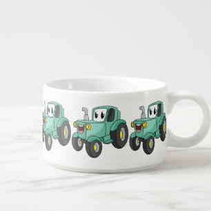 Cute happy green tractor cartoon bowl