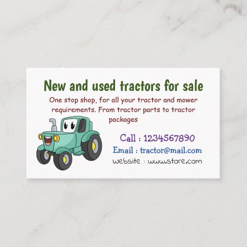 Cute happy green tractor cartoon  business card