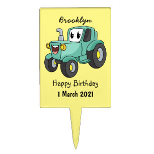 Cute happy green tractor cartoon cake topper