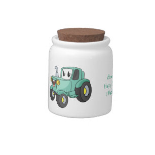 Cute happy green tractor cartoon candy jar