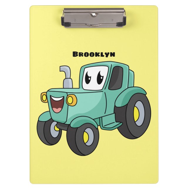 Cute happy green tractor cartoon clipboard (Front)