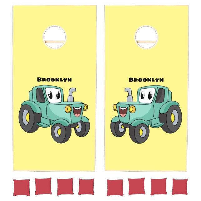 Cute happy green tractor cartoon cornhole set (Set)