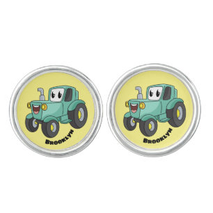 Cute happy green tractor cartoon cufflinks