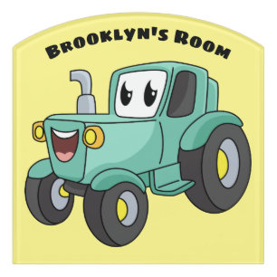 Cute happy green tractor cartoon door sign